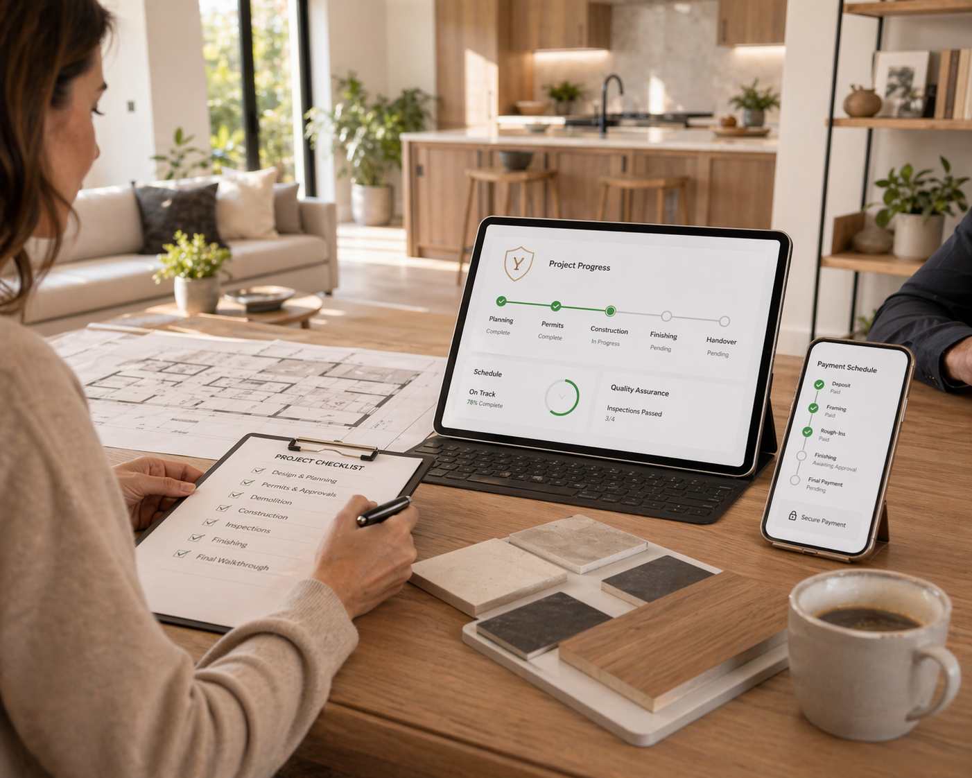 Imagen conceptual de seguridad, seguimiento y pagos ordenados en una reforma